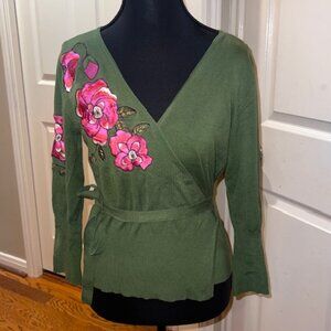 French Designed Green Wrap-Style Cardigan w Vibrant Pink Floral Embroidery (6/8)
